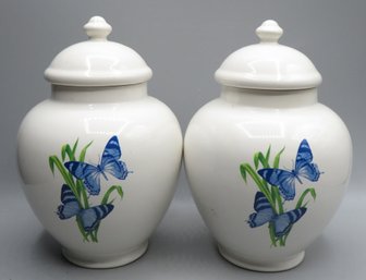 FTD Vintage Ceramic Butterfly Ginger Jars With Lids - Set Of 2