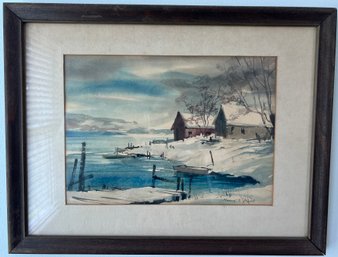 Marion B Brown Signed Framed Winter On The Lake Watercolor Painting