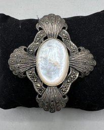 Sterling Silver Mother Of Pearl Marcasite Brooch