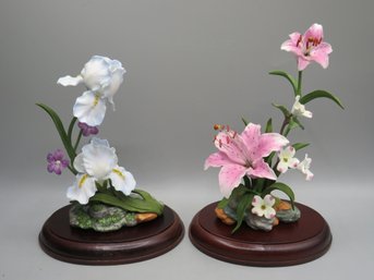 Lenox Fine Bone China Iris & Rubrun Lily Figurines On Wood Stands - Lot Of 2