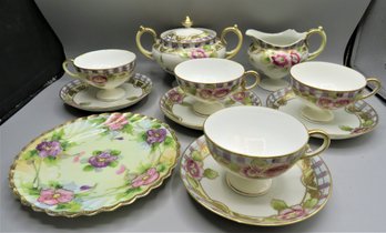 Nippon Hand Painted Cups, Saucers, Plate, Creamer & Sugar Bowl - 11 Pieces