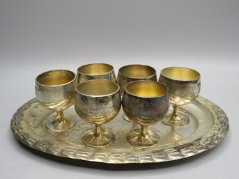 Silver Metal Small Footed  Cups With Tray - Set Of 7