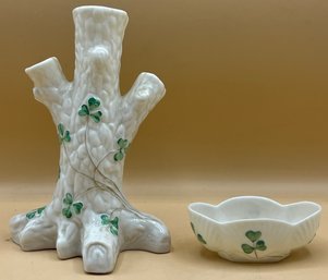 Belleek Ireland Tree Stump Vase Clovers And Scalloped Dish
