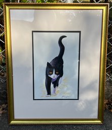 Golace Loven Artist Signed Watercolor Black Cat Framed