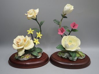 Lenox Fine Bone China Peace Rose & Magnolia On Wood Stands  - Lot Of 2