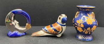 Crescent Moon Figurine, Mexican Hand Painted Bird Figurine & Cobalt Blue Mini Bud Vase - 3 Pieces