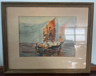 Helen Grange Signed Sailboat Watercolor Framed Painting