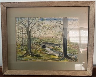 Helen Grange Signed Bridge Watercolor Framed Painting