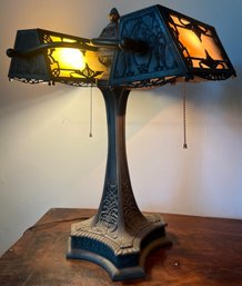 Antique Slag Glass Double Desk Table Lamp