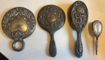 Sterling Silver Vanity Set Mirrors & Brushes- 4 Pieces