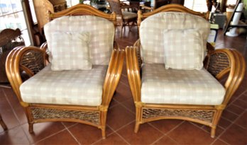 Wicker Arm Chairs With Plain Cushions - Set Of 2