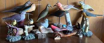 Handmade Wooden Carved Bird Figurines - 15 Pieces