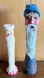 Handmade Wooden Carved Santa Candle Holders - 2 Pieces