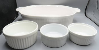 Corningware French White Oval 4 Liter Dish, 2 Threshold Ramekins, 1 Wickerland Ramekin - Lot Of 4
