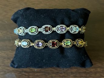 Sterling Silver Rainbow Semi Precious Stone Bracelets 7 Inches - 0.66 OZT - 2 Pieces