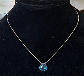 Sterling Silver Necklace With Blue Tear Drop Pendant - 0.12 OZT