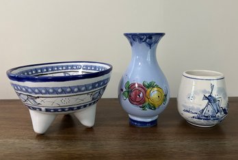 Mexican & Delft Pottery, 3 Pieces