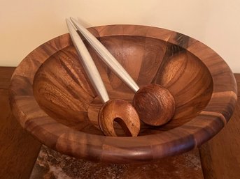 Wooden Carved Salad Bowl With Salad Servers - 3 Pieces