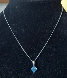 14KT White Gold Square Blue Topaz Necklace 2.5 G