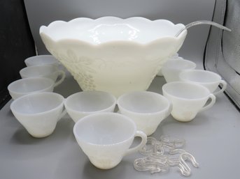 Milk Glass Punch Bowl,  11 Cups, 9 Hooks & Ladle