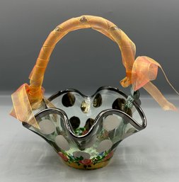 Mackenzie Childs  Circus Collection Hand Painted Floral Glass Basket