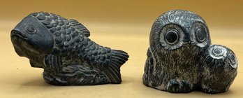 The Wolf Original Soapstone Owl & Trout Sculpture
