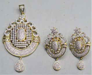 Costume Jewelry  Gold-tone & Clear Stones Pendant & Earrings Set