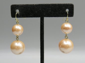 Costume Jewelry Pink Tone Hanging  Faux Pearl Earrings