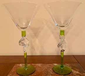 Green Glass Swirl Martini Glasses - 2 Piece Lot