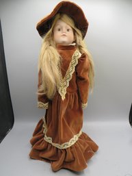 WEV Girl With Brown Dress & Hat Doll With Stand