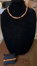 Orange Faux Pearl Necklace With Bracelet & Earrings - 4 Pieces