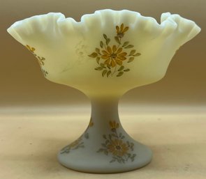 Fenton Signed Hand Painted Floral Custard Pedestal Ruffled Edge Compote