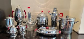 Art Deco Style Stainless Chrome With Ruby Red Bakelite Handles Serving Pieces, 15 Piece Lot