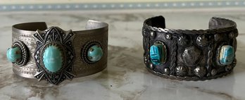 Silver Toned Faux Turquoise Cuff Bracelets - 2 Pieces