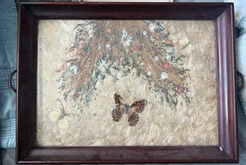 Vintage Wood Handled Serving Tray Pressed Flowers Butterfly Glass 1960s