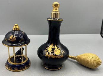 Limoges Porcelain Perfume Bottle & LIMOGES BLUE & GOLD VICTORIAN BIRD CAGE, MADE IN FRANCE