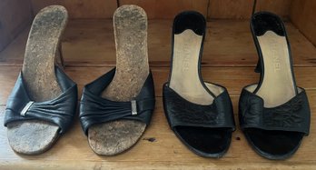 Chanel Cork Sandals Size 38.5 & Chanel Black Leather Camellia Heel Slides Size 38 - 2 Pairs