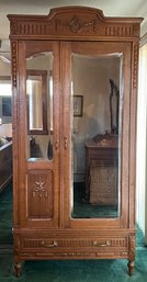 Antique Carved Wooden Double Mirror Armoire With Key