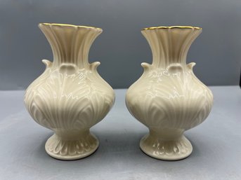 Pair Of Lenox Small Vase 4.5' Ivory Leafy Design Hand Decorated 24K Gold Made In USA
