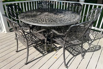 Cast Aluminum Round Patio Table With 6 Chairs Umbrella And Storage Cover