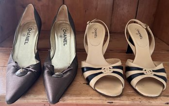 Chanel Brown Pointed Kitten Heels & Chanel Two Toned Leather Heels Size 38.5 - 2 Pairs