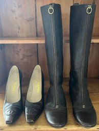 Chanel Brown Leather Heels Size 38.5 & Chanel Knee High Boots Size 38 - 2 Pairs