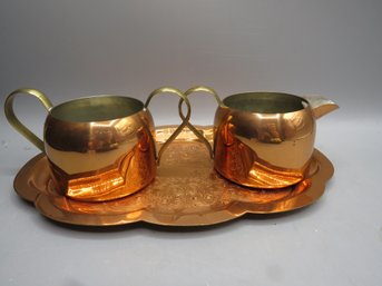Coppercraft Guild Embossed Serving Tray, Sugar & Creamer Set -USA, Vintage - Set Of 3