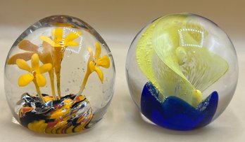Hand Blown Paperweight Yellow Flower With Blue Base Pair