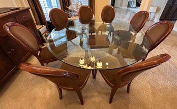 Italian Mid Century Modern Glass Top Stainless Steel Dining Table & 8 Solid Wood Upholstered Dining Chairs