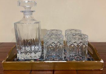 Glass Decanter, 4 Crystal Glasses & Tray - 6 Piece Lot