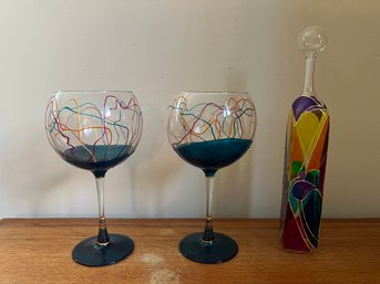 Mosaic Style Hand Blown Wine Glasses With Decanter - 4 PCS