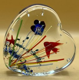 Art Glass Fish Aquarium Confetti Block Heart Paperweight