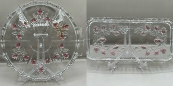 Floral Embossed Clear Glass Serving Dishes, 2 Piece Lot