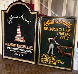 Wooden Lighthouse Resort Sign & Knightsbridge Billiard Saloon And Smoking Club Sign - 2 Pieces